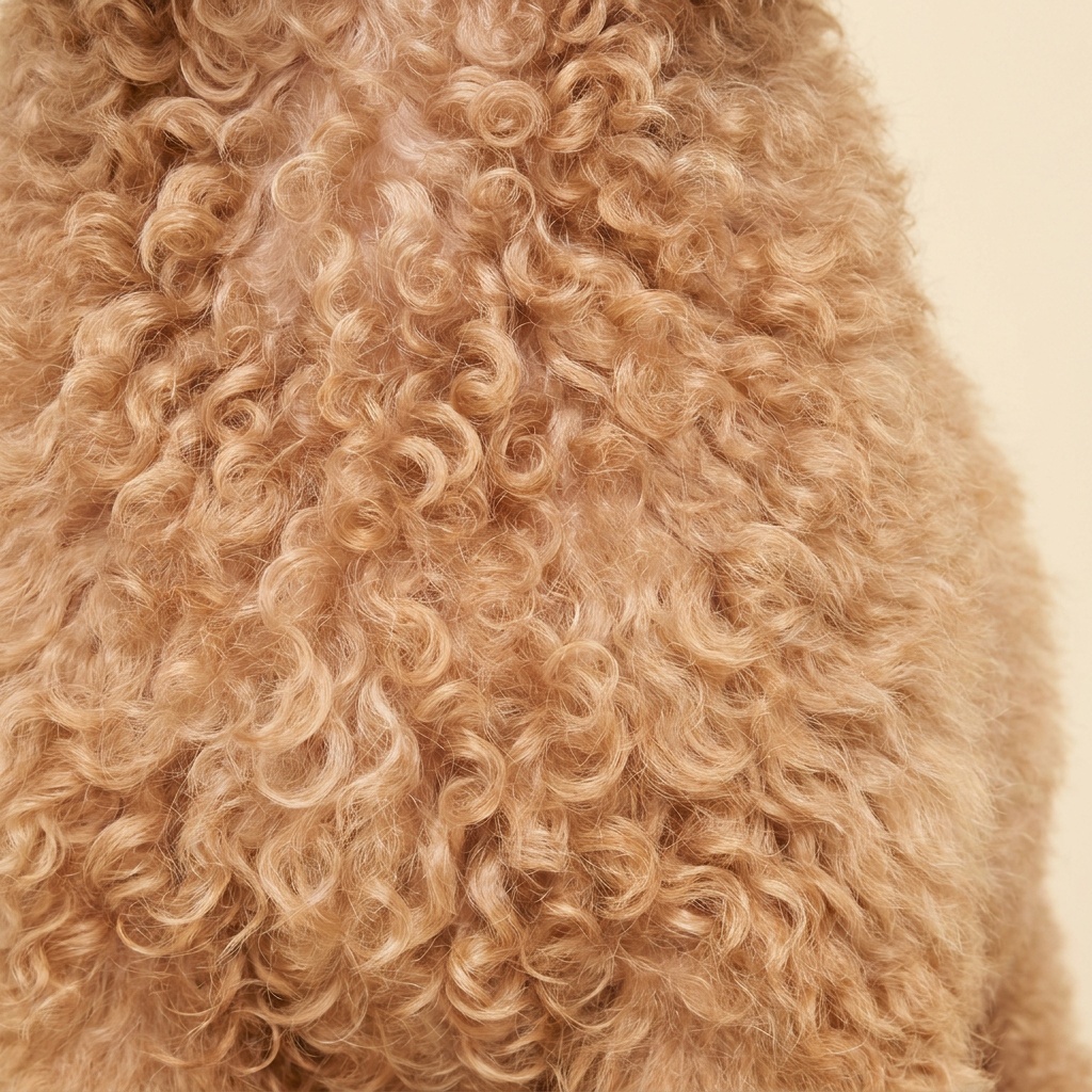 Close-up of a dense apricot wool coat in tight, springy poodle curls.
