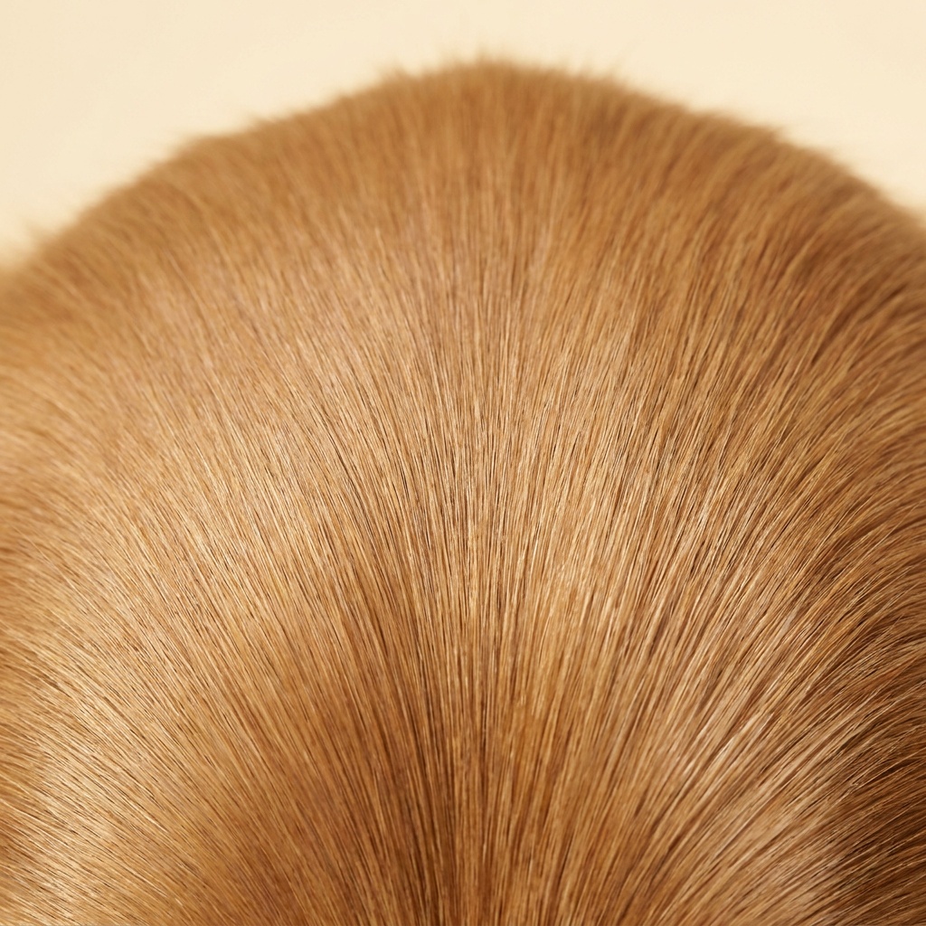 Close-up of a straighter golden-brown hair coat with flat, smooth strands.
