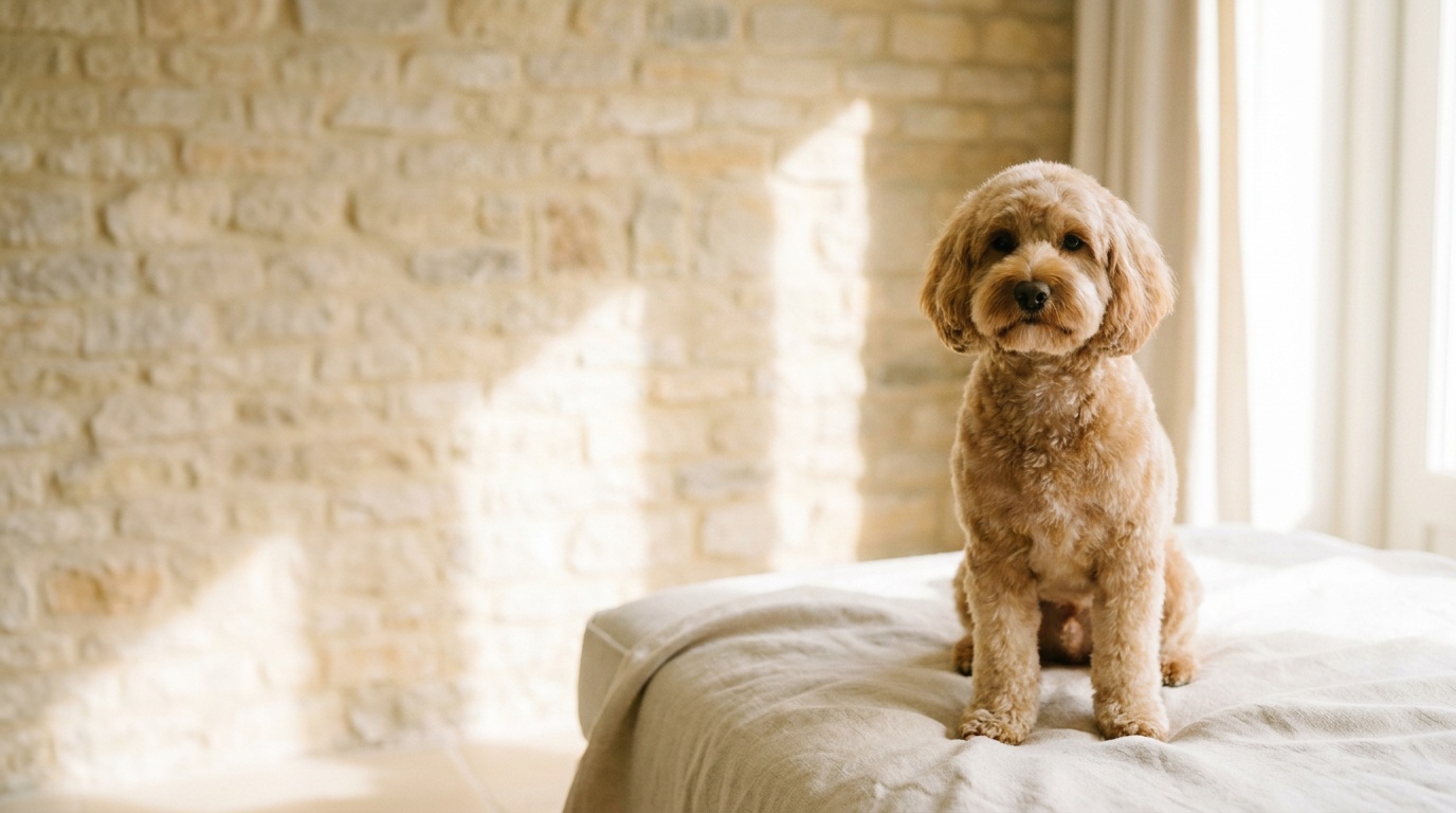 A freshly groomed apricot cockapoo with a soft, rounded teddy bear finish, sitting calmly on a cream blanket against honey-coloured Cotswold stone.