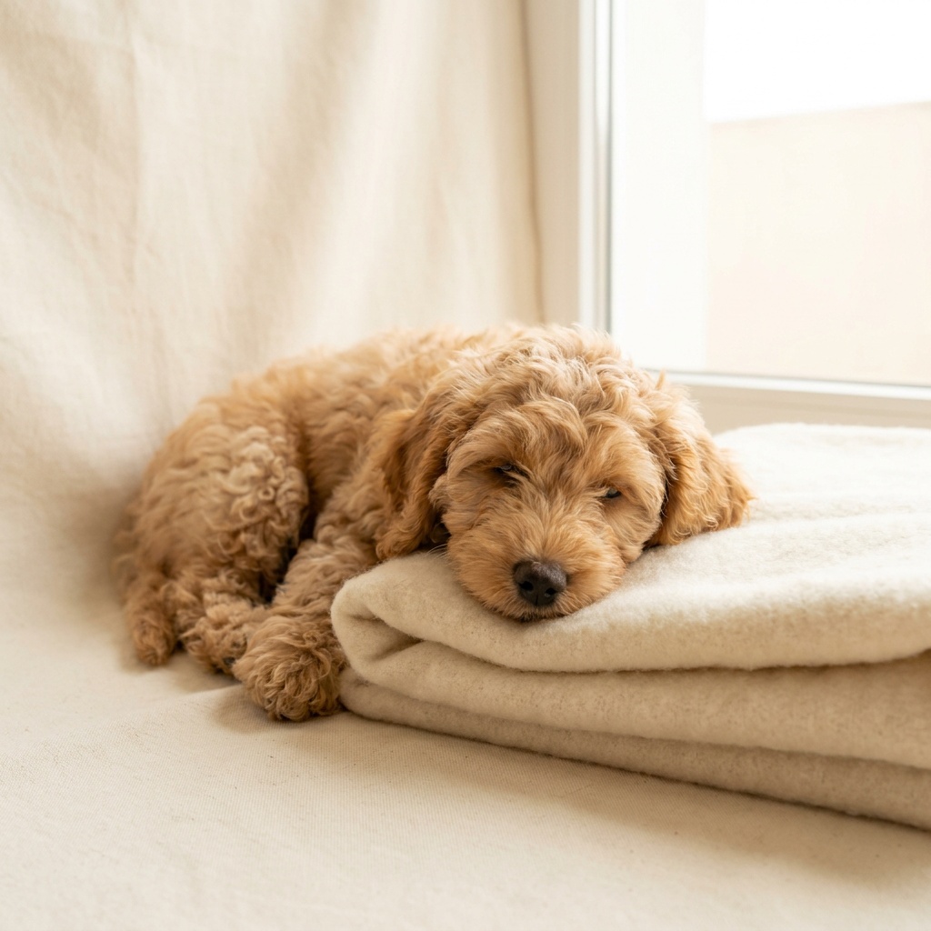 A young apricot cockapoo puppy resting calmly on a folded cream blanket.